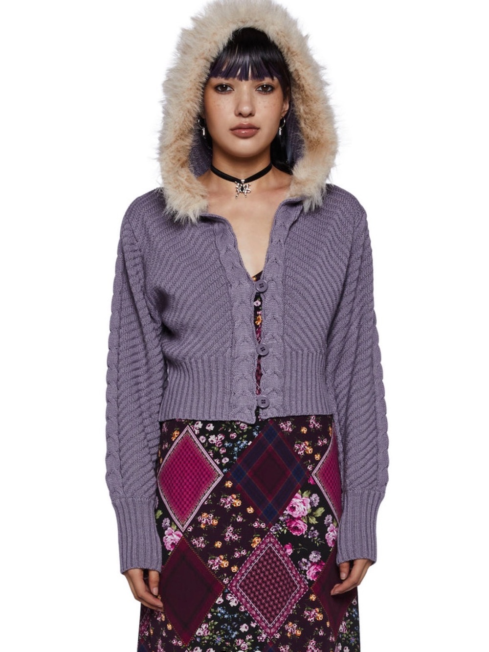 dELiA*s Lavender Cable-Knit Hooded Cardigan with Faux-Fur Trim Hood